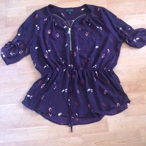 3/4 Sleeve Maroon  Blouse with Flowers on it